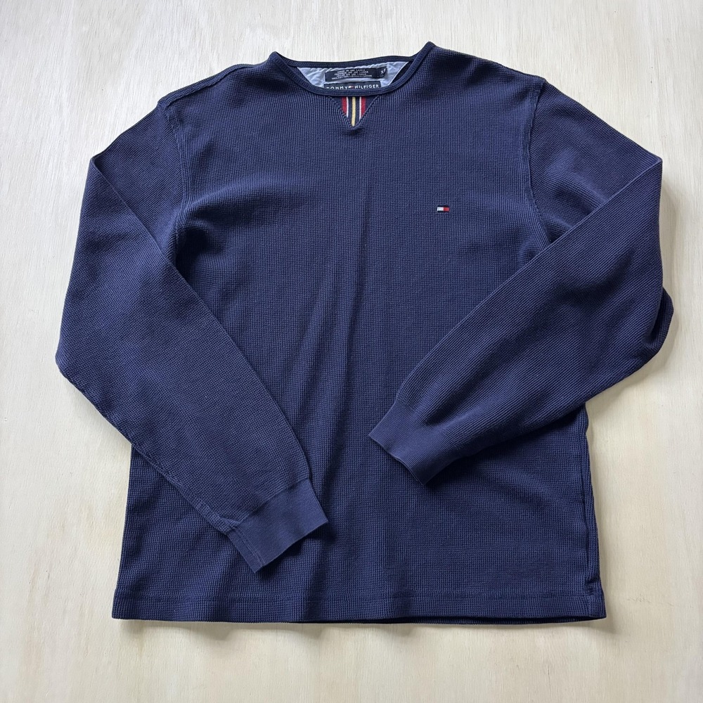 Tommy Hilfiger Sweater Mens Medium Navy Solid V Neck Thermal Knit Pullover